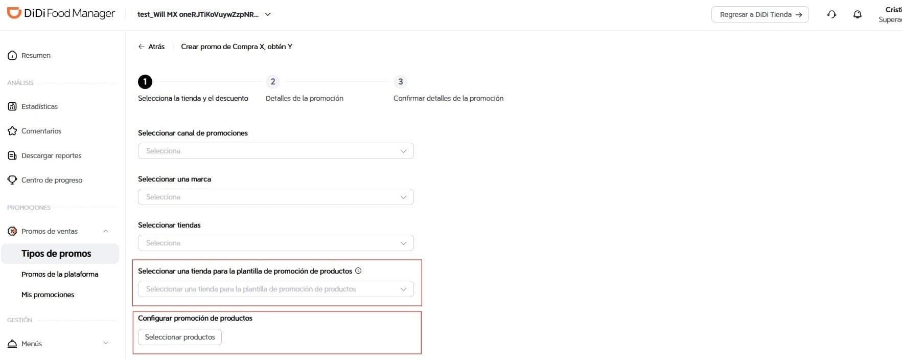 Selección de marca DiDi Food Manager