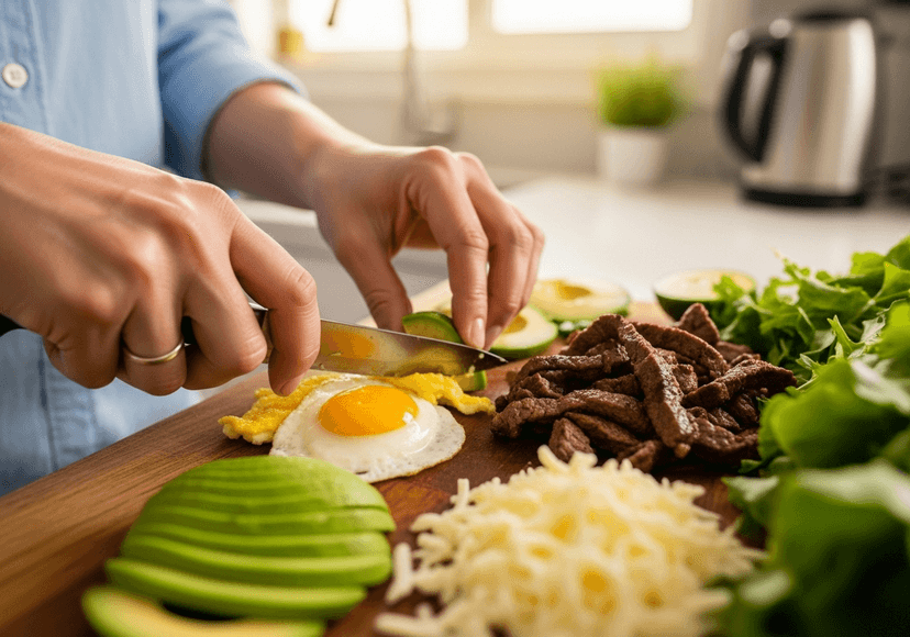 Manos preparando comida Keto mexicana