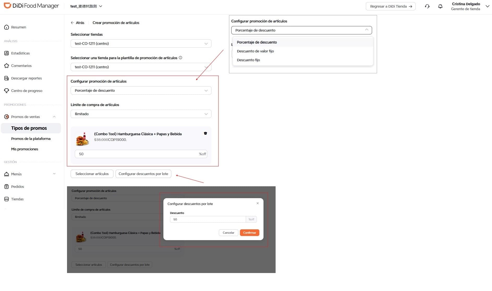 Configurar descuentos DiDi Food Manager
