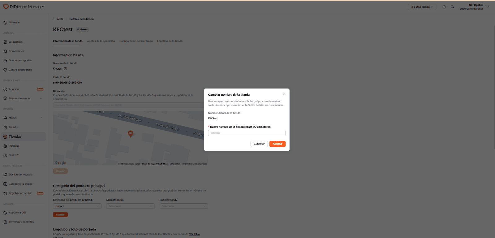 Mensaje cambiar nombre de la tienda DiDi Food Manager