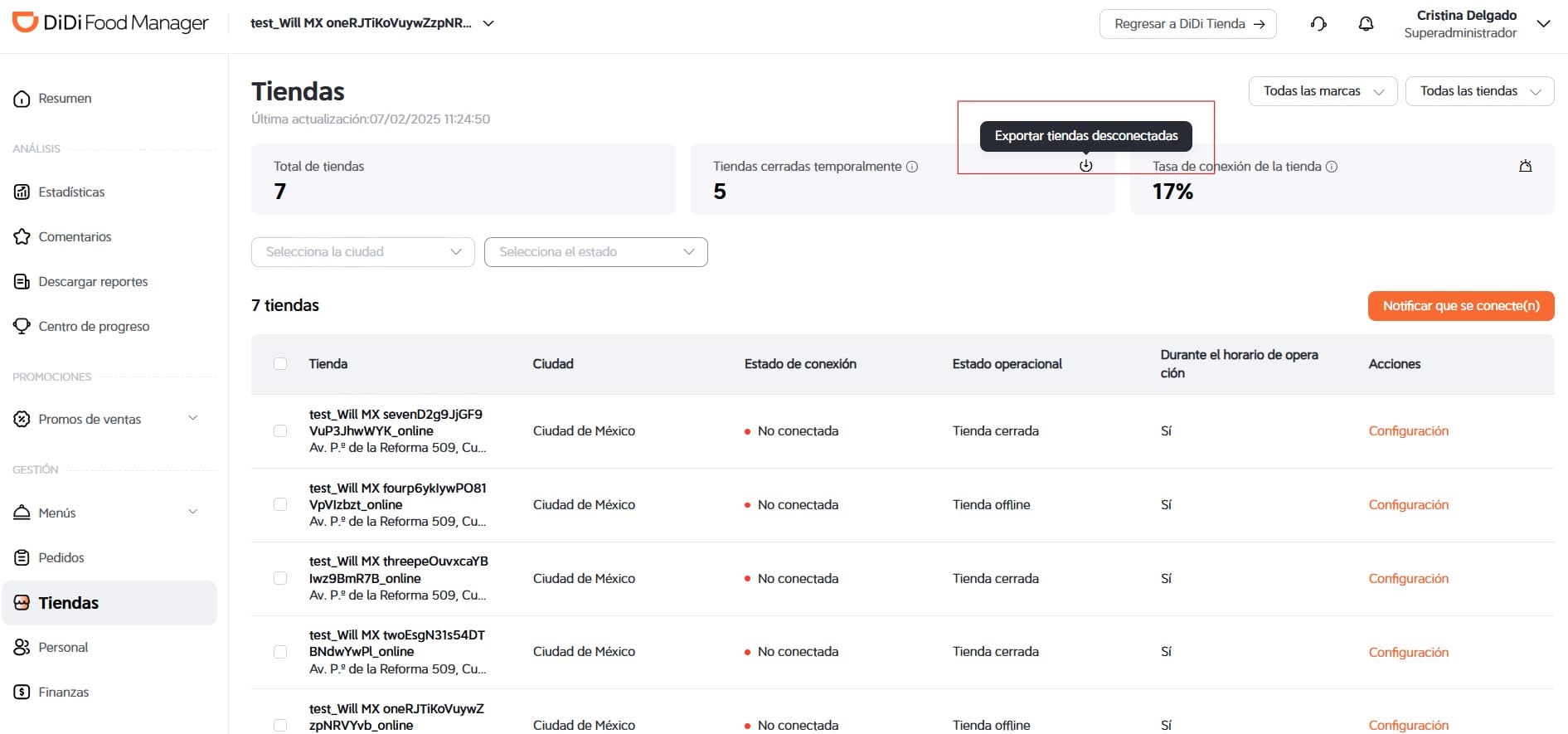 Exportar tiendas desconectadas DiDi Food Manager