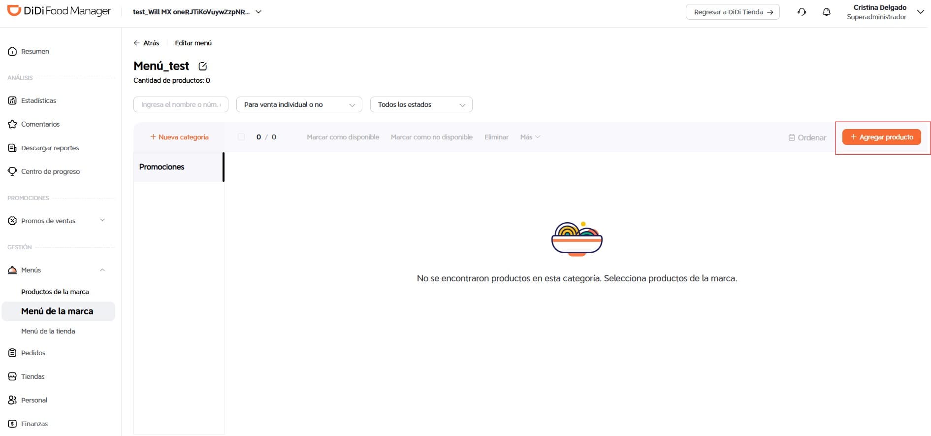 Agregar producto DiDi Food Manager