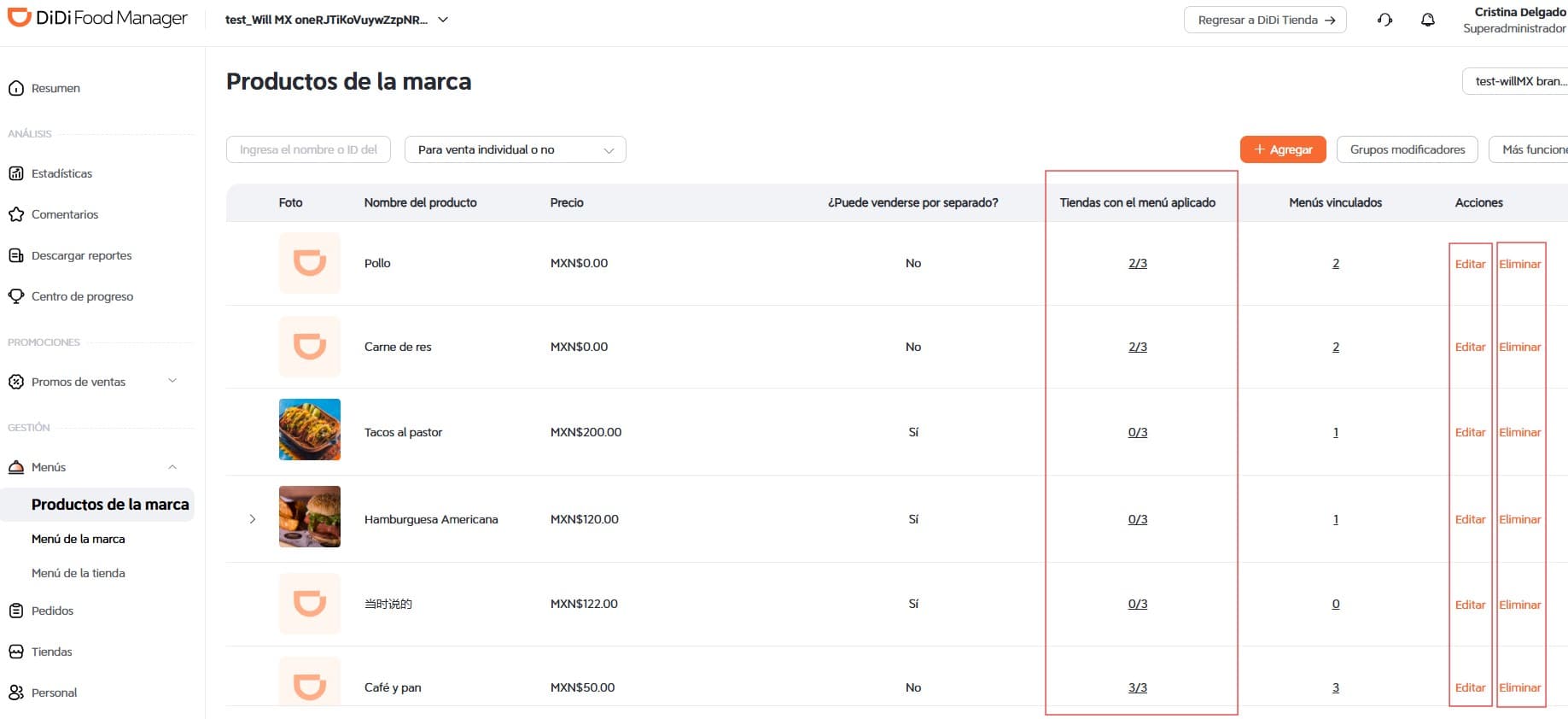 Platillos registrados DiDi Food Manager