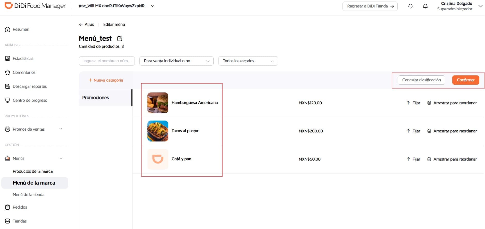 Botón confirmar DiDi Food Manager