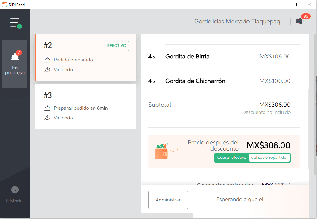 DiDi Tienda pedido en progreso, versión escritorio