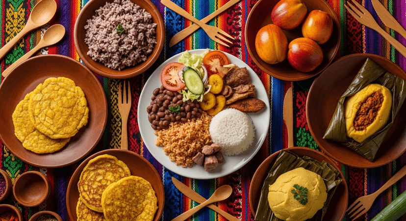 Collage visual con platos típicos ticos ricos en carbohidratos: gallo pinto, casado, chorreadas, tamal y pejibaye. Fondo con textiles coloridos costarricenses y utensilios de madera. Fotografía flat lay realista, tonos cálidos y abundancia natural.