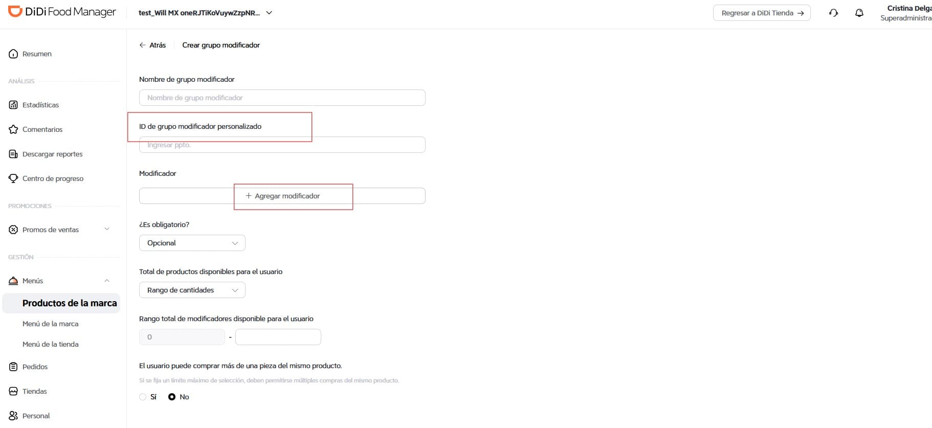 Crear grupo modificador DiDi Food Manager