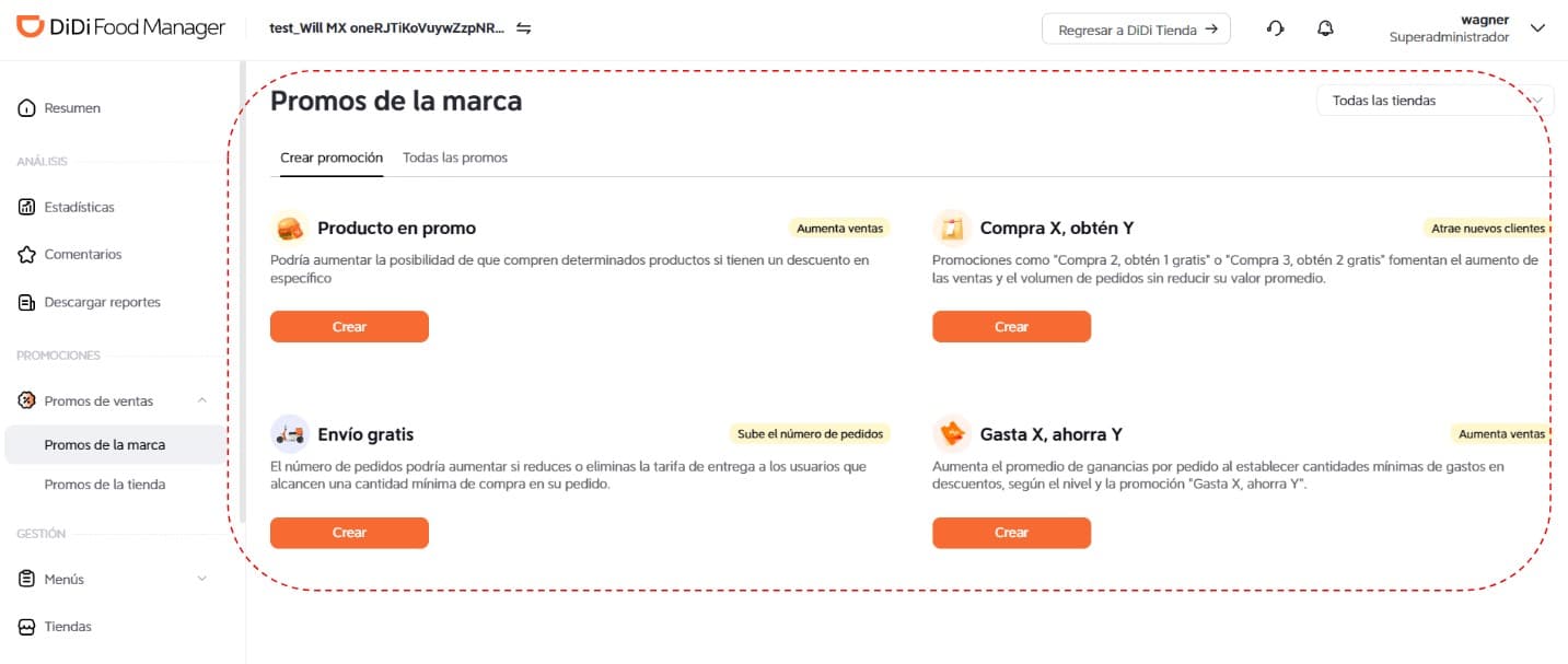 Tipos de promociones disponibles DiDi Food Manager