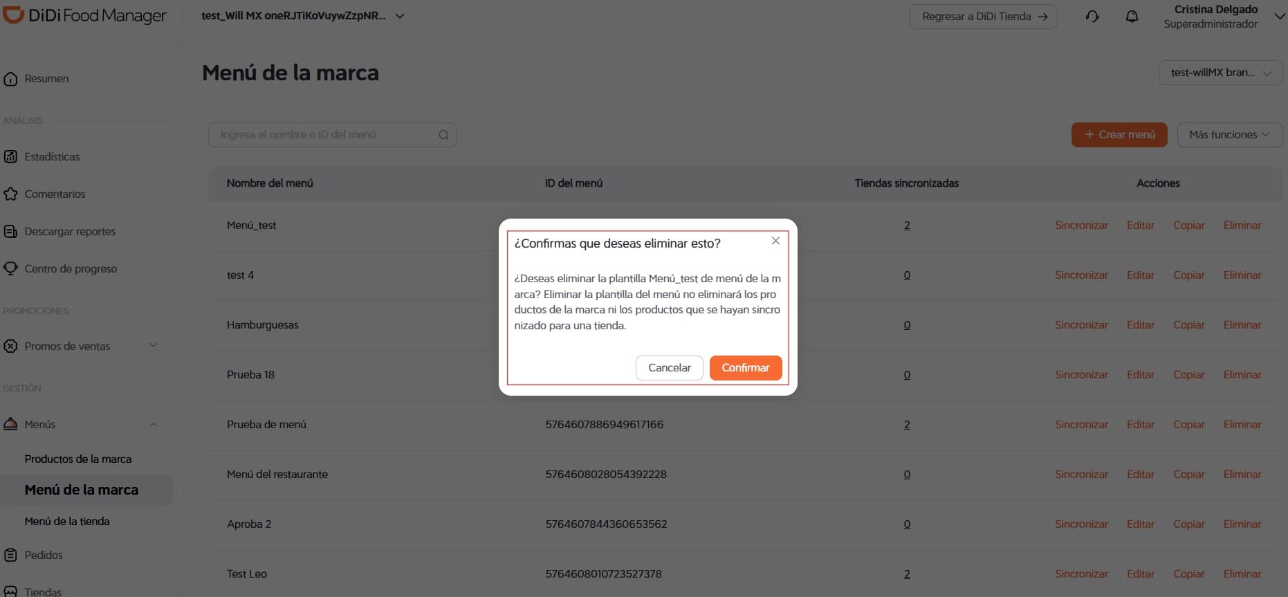 Confirmar eliminación DiDi Food Manager